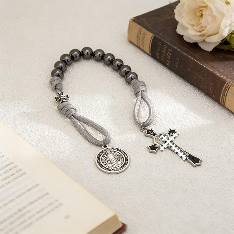 Handmade Alloy Cross Beaded Bracelet, Vintage Medal Charm Braided Rope Religious Wrist Ornament for Daily & Car Hanging