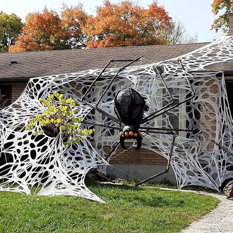 Spider Web Halloween Decorations Outdoor, Stretchy 450 sqft Halloween Spider Web, Cut-Your-Own Flexible Spider Webbing for Haunted House, Porch, Yard 450sqft