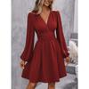 Women S V Neck Lantern Sleeve Solid Color High Waist Dress