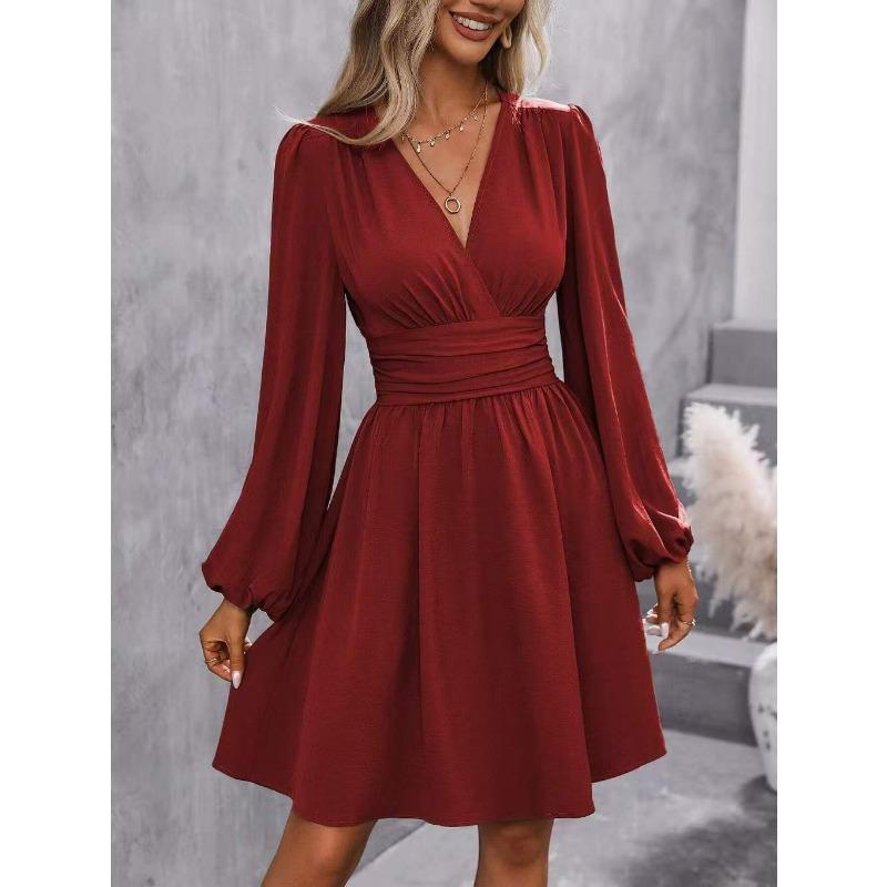 Women S V Neck Lantern Sleeve Solid Color High Waist Dress