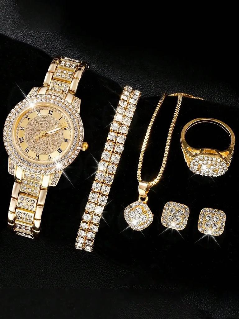 6pcs Luxury Rhinestone Women Quartz Watch With Rhinestone Bracelet Necklace Ring And Earrings Fashion Jewelry Set For Daily Wear