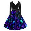 Women Casual V Neck Long Sleeve Dress Halloween Printed Skirt Vintage Style Midi Dress with Belt Fit and Flare Design