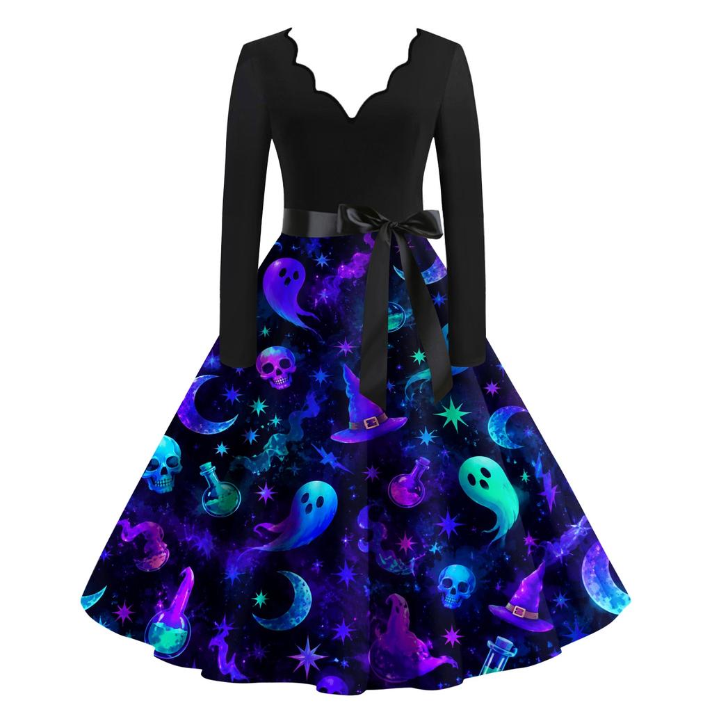 Women Casual V Neck Long Sleeve Dress Halloween Printed Skirt Vintage Style Midi Dress with Belt Fit and Flare Design