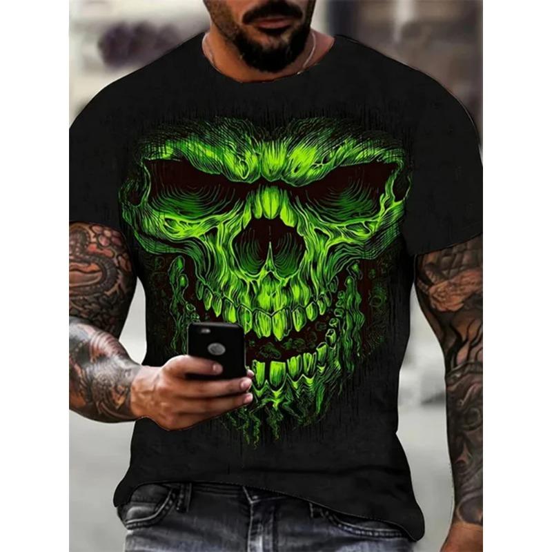 New Men's Horror Skull 3D Printed Print Retro Round Neck Short Sleeved Fashionable  T-shirt