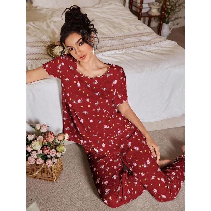 Womens Floral Pajama Set Short Sleeve Long Pants Loungewear 2 Piece