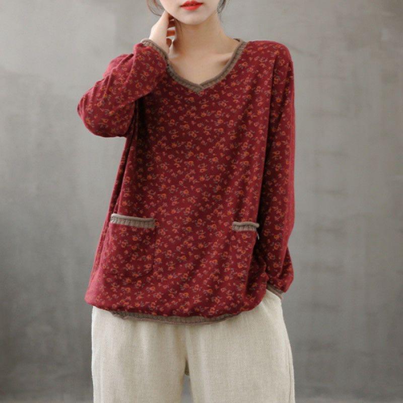 YYFS Women's Fashion Casual Spring Autumn Flower Pattern Print Long Sleeve V-Neck Blouses & Shirts