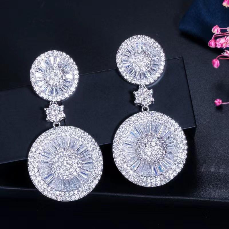 

Cubic Zirconia Stone Big Round Dangle Drop Women Wedding Event Earrings Luxury Jewelry