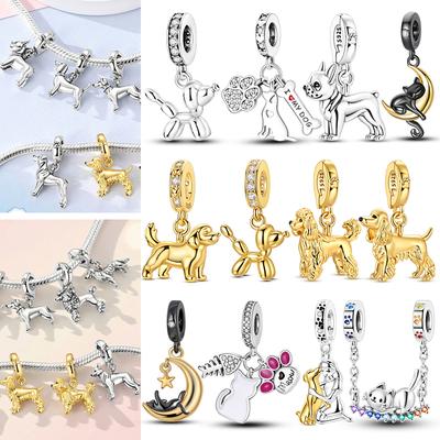 Charms Pendant 925 Silver Cat Dog Puppy Kitten Beaded Charms Fit Bracelet Necklace Women's DIY Jewelry Gift