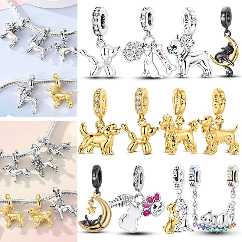 Charms Pendant Original 925 Sterling Silver Cat Dog Puppy Kitten Beaded Charms Fit Bracelet Necklace Women's DIY Jewelry Gift