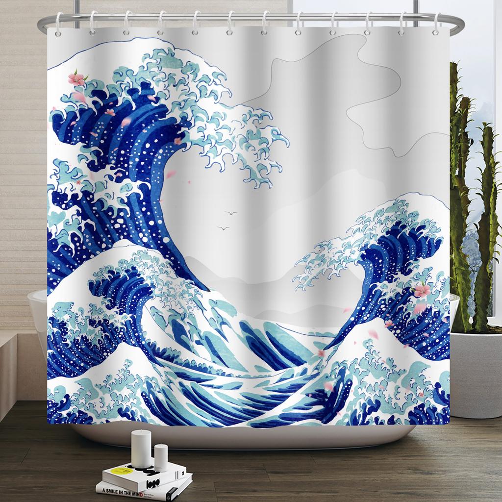 Japanese Ukiyo-e Shower Curtain The Great Wave of Kanagawa Mount Fuji Cherry Waterproof Shower Curtain for Bathroom Bathtub Deco
