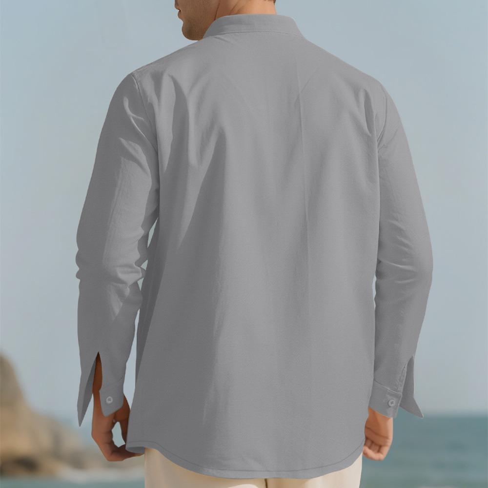 Pánské bavlněné lněné tričko s dlouhým rukávem Tenký volný top Retro Vintage Módní městské oblečení Stojatý střih Mládežnická velikost