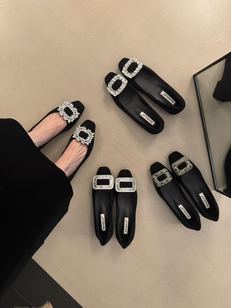 Xiaoxiangfeng Black Square Buckle Rhinestone Plush Mary Jane Shoes Winter Thick Heel Plush Commuter Shoes