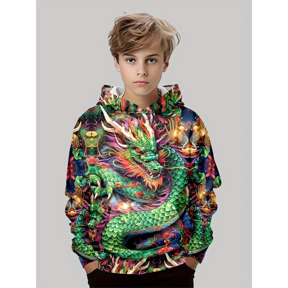 

Children s Animal Dragon Series 3D Digital Printed Boys Hip Hop Personality Hooded Sweatshirt 160 зелёный