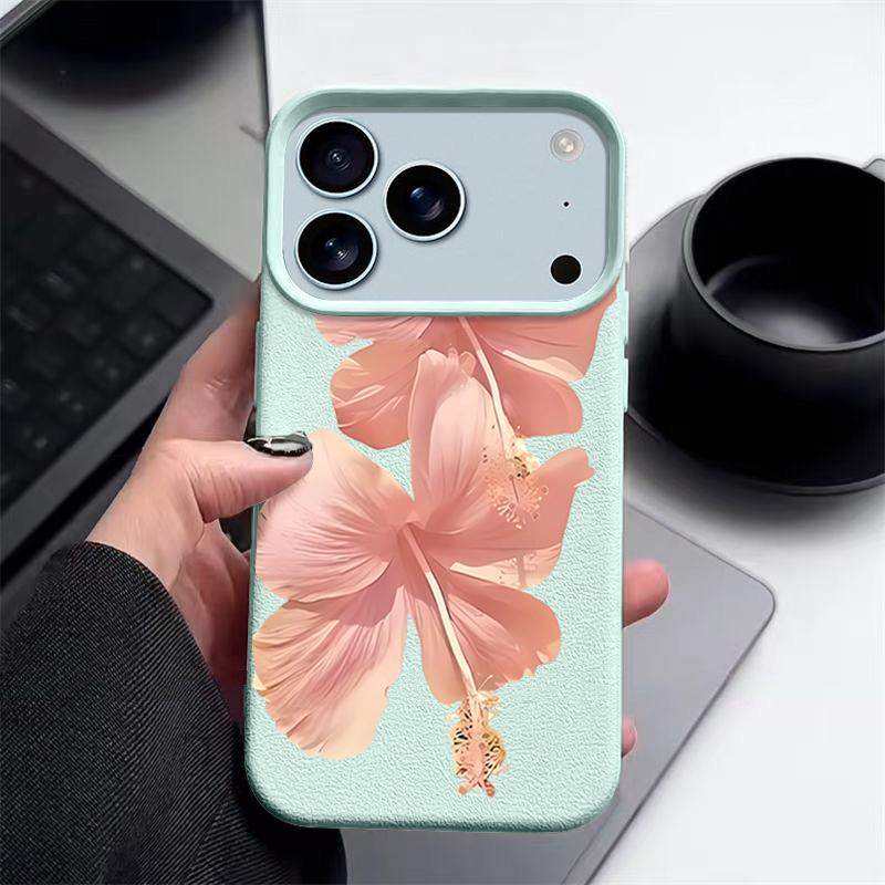 Pouzdro Pro iPhone 17 Pro Max Růžový vzor ibišku Kožená textura Silikonový kryt Pro iPhone 16 Pro Max 15 14 13 12 11 Air 16E