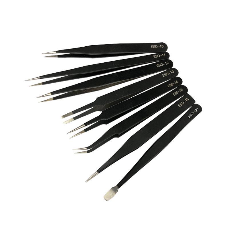 Stainless Steel Black ESD Bent Pointed Tweezers - Anti-static Mobile Phone Repair & Nail Art Tool