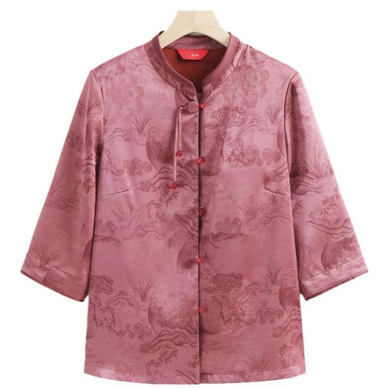 Damen Jacquard-Bluse im chinesischen Stil Stehkragen 3/4-Ärmel Lässiges Knopfleisten-Oberteil für mittleres und älteres Alter