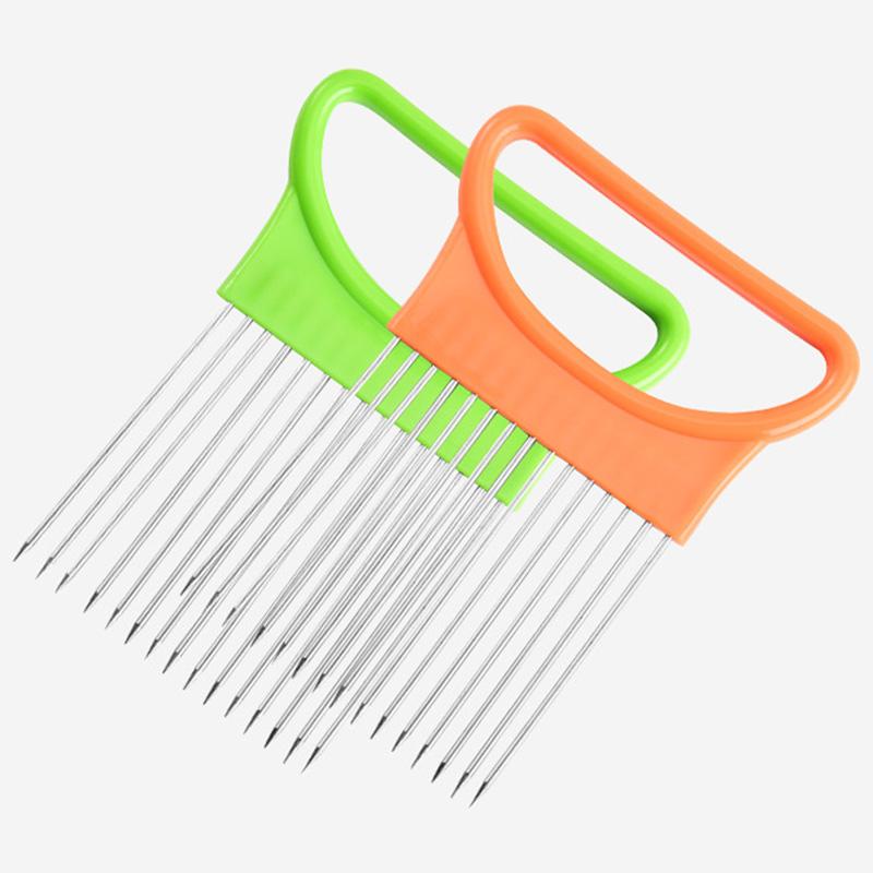 Supporto per taglierina per cipolla in acciaio inossidabile Affettatrici per alimenti Assistente per affettatrice per cipolla e pomodoro Utensili da cucina per tagliare le verdure