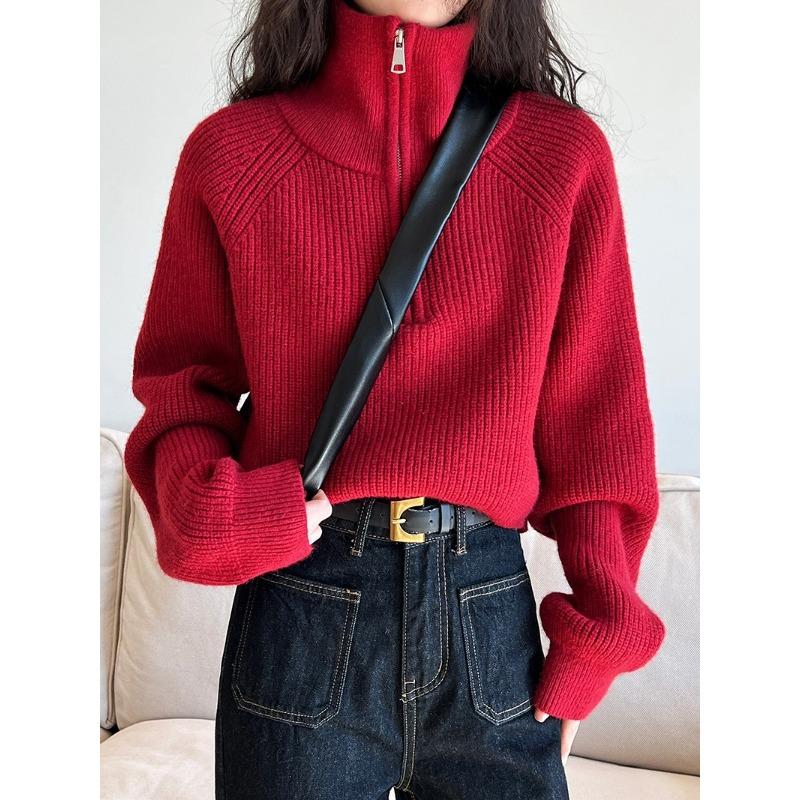 Half-zipper High Neck Solid Color High Waist Pullover Sweater Women's Short Fashion Melad Color Wear Knitted Tops Comfortable and Versatile