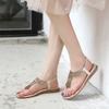 Women's Rhinestone Flower Thong Sandals Elastic Ankle Strap Comfort Flat Sandals