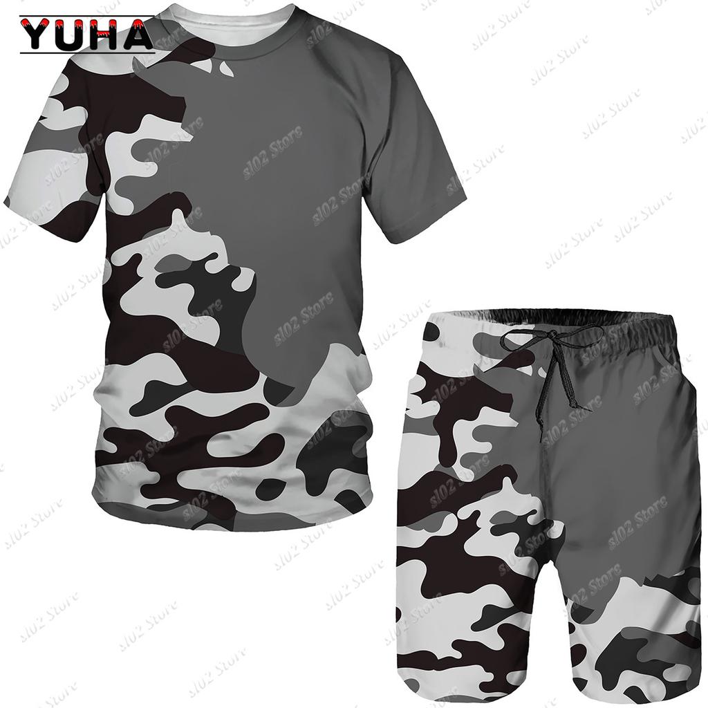 YUHA 2022 Summer Camouflage Tees/Shorts/Suits Men's T Shirt Shorts Tracksuit Sport Style Outdoor Camping Hunting Casual Mens Clo