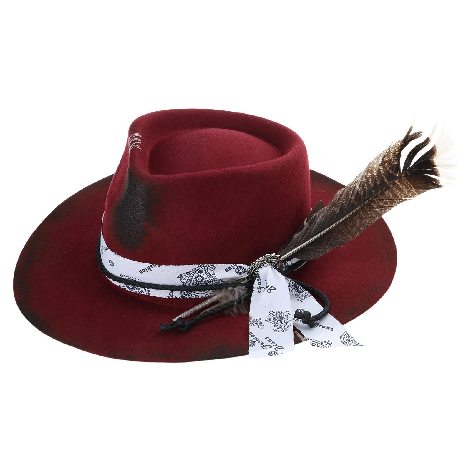 

Шерстяные фетровые шляпы-панамы Экзотическая состаренная шляпа-хомбург для женщин и мужчин Фотореквизит в стиле вестерн для сцены Головные уборы для живых выступлений вино красного