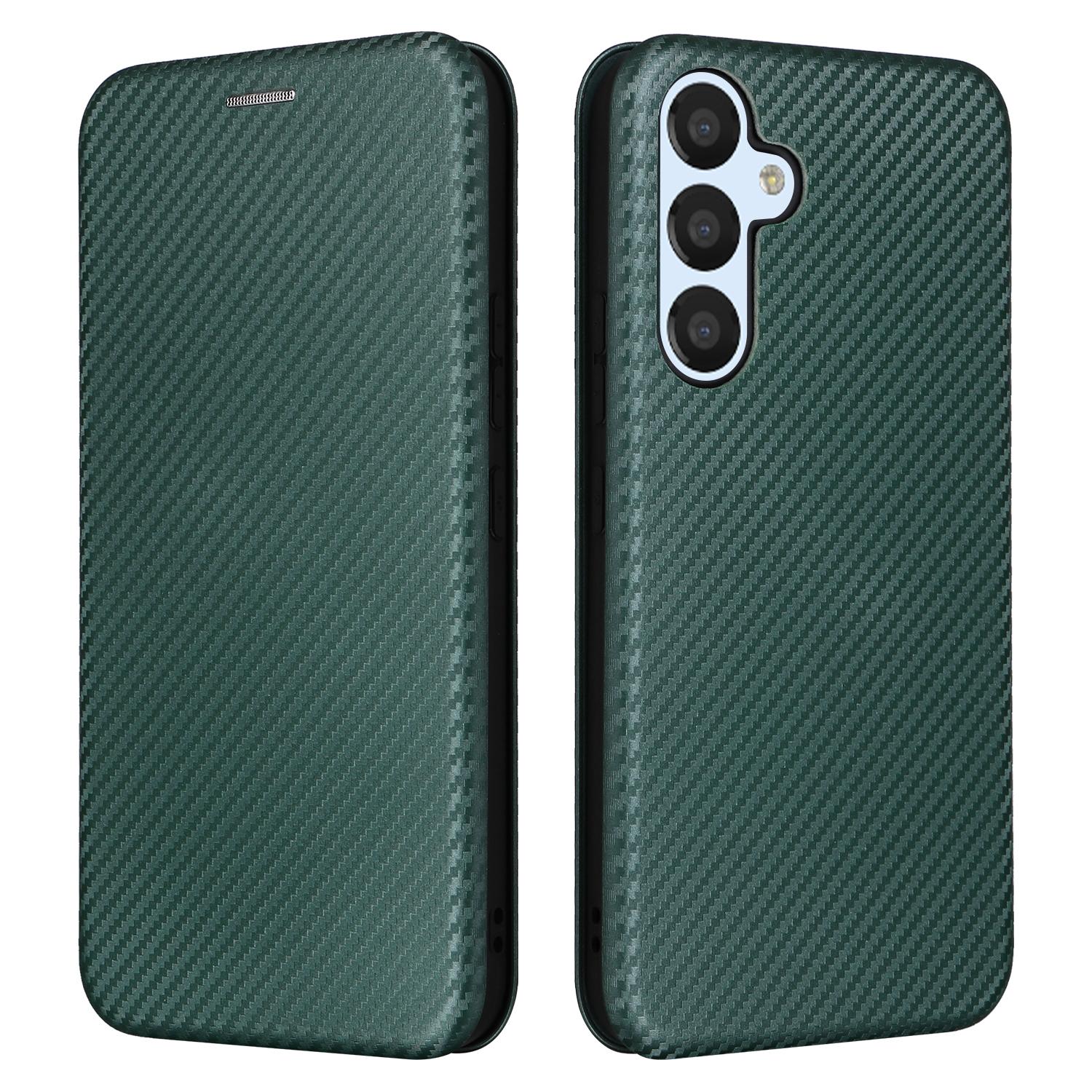 

For Samsung Galaxy A54 5G Carbon Fiber Texture Magnetic PU Leather Anti-scratch Phone Case Stand Drop-proof Mobile Phone Cover with Card Slot Green
