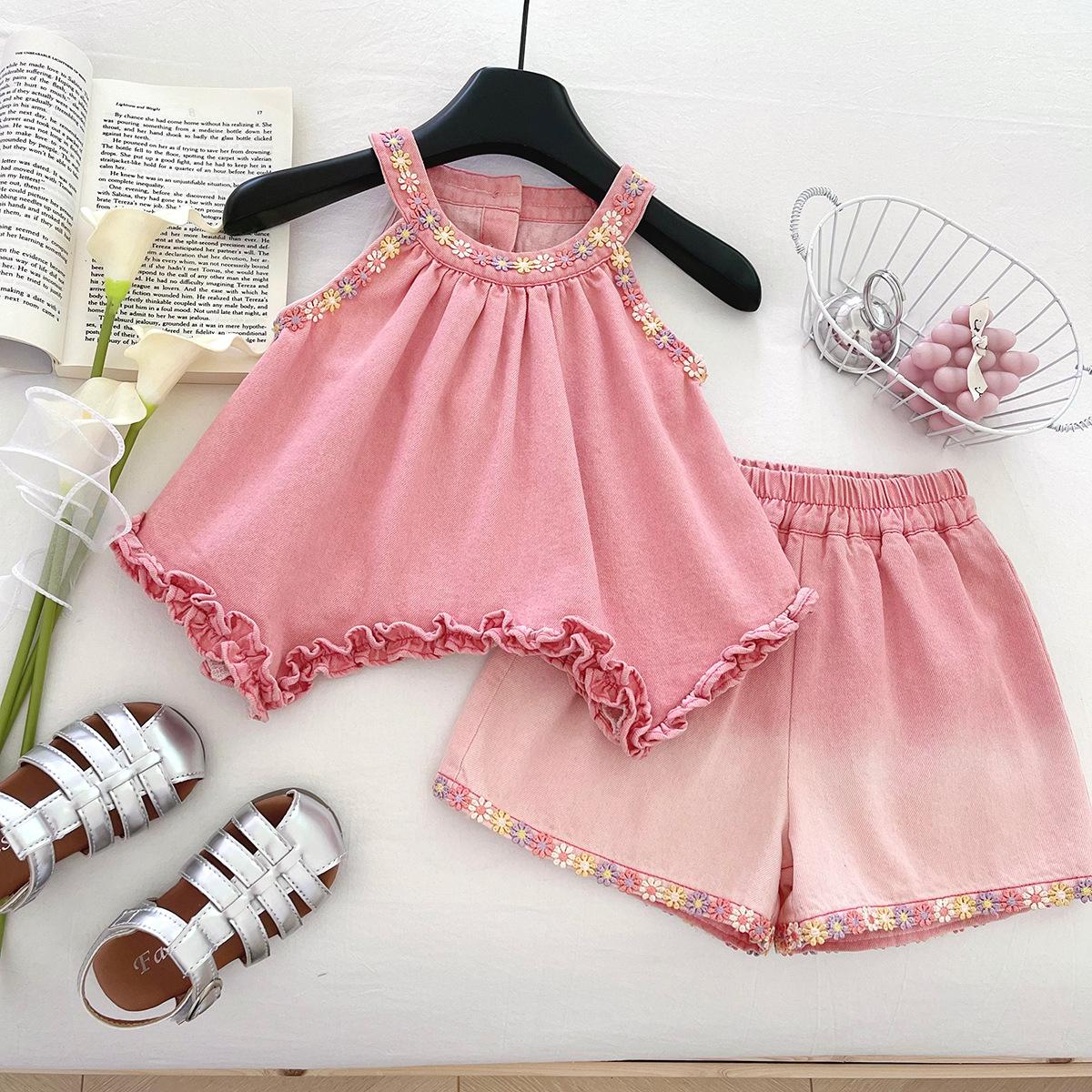 Girls Summer Outfit Set Cute Big Bow Backless Lace Trim Sleeveless Top And Shorts Two Piece Suit For Kids 90cm