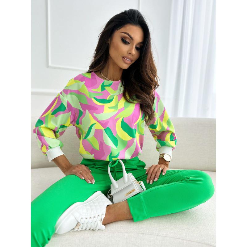 2023 Damen Rundhals Pullover Shirt mit Sechsfarben-Print und Einzigartigem Stil