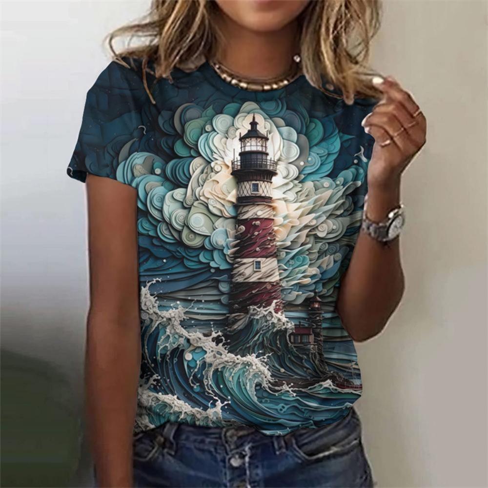 Sommer 3D-gedrucktes Ozean-Leuchtturm-T-Shirt für Damen Grafik-T-Shirts Nachtszene Lässige Harajuku T-Shirts Kurzarm Rundhals Oberteile
