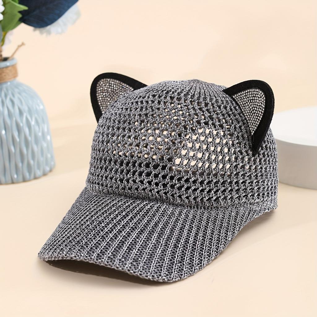Mesh-Accent Cat-Ear Baseball Cap — Cute & Trendy Women's Summer Hat featuring a Lightweight, Breathable, and Openwork Design