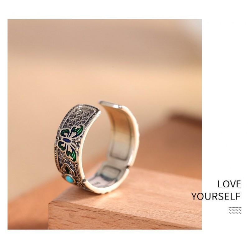 Adjustable Open Ring With Enamel Butterfly Natural Turquoise Stone Vintage Bohemian Style Copper Jewelry Women Men