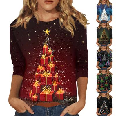 Women's Fashionable Casual Three Quarter Sleeve Christmas Printed Collar Pullover Top