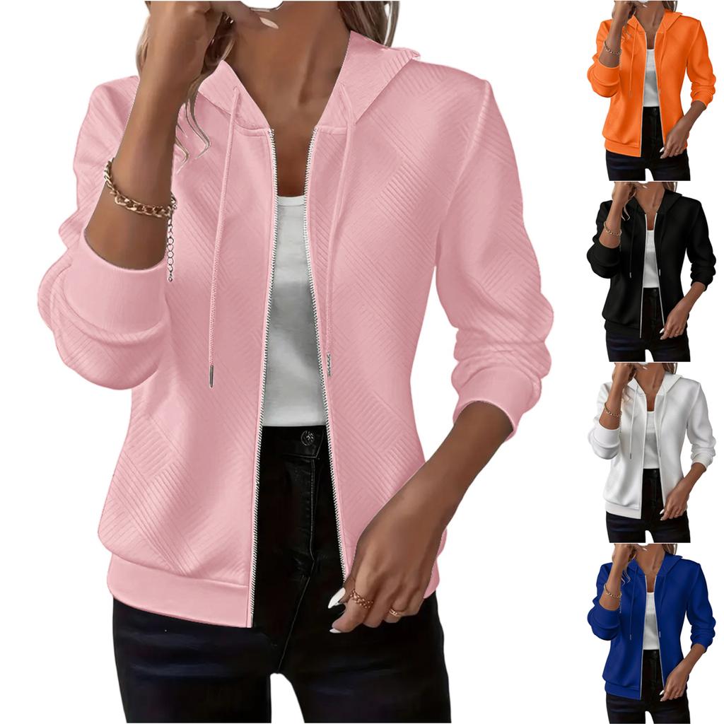 Women's Fashionable Solid Color Hooded Long Sleeved Pocket Loose Zipper Sports Shirt Jacket
