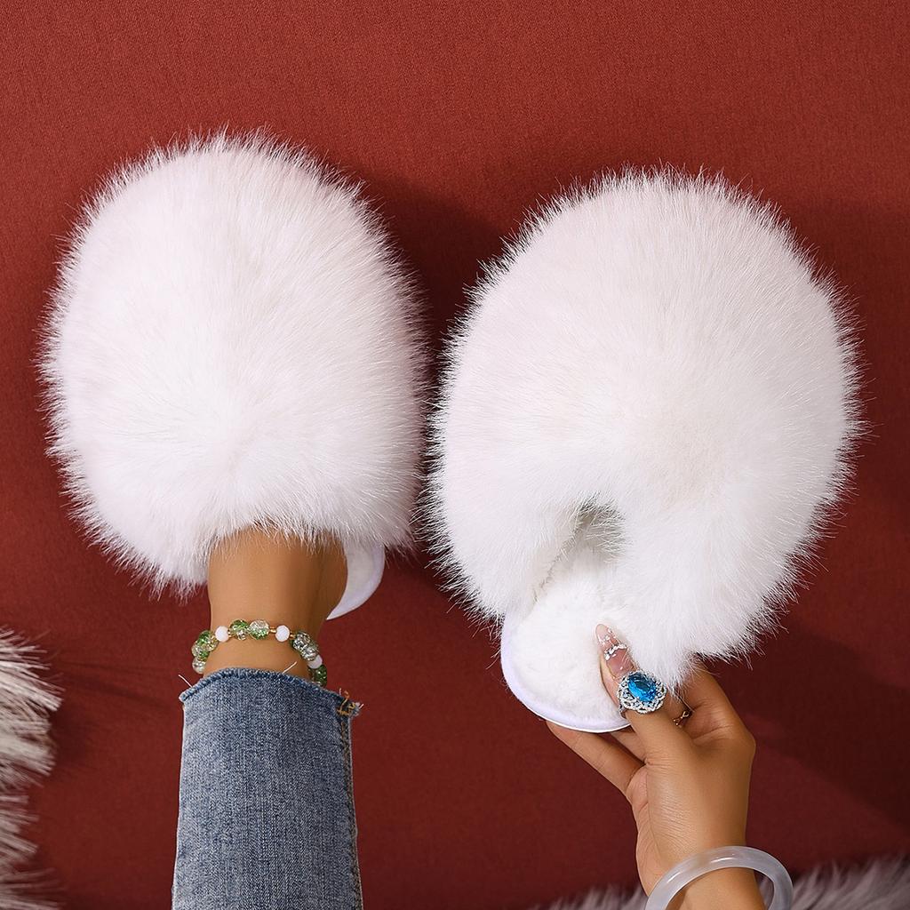 Winter Solid Color Fluffy Big Fur Slippers  Korean Style Faux Fur Slippers with Non-Slip Rubber Sole