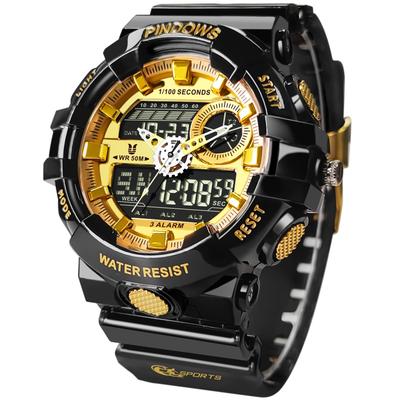 PINDOWS Transparent Gold Dual 50m Water LED Alarm and Perfect for Outdoor and Everyday Wear Men's Watch, Analog-Digital Time, Resistant, Backlight,