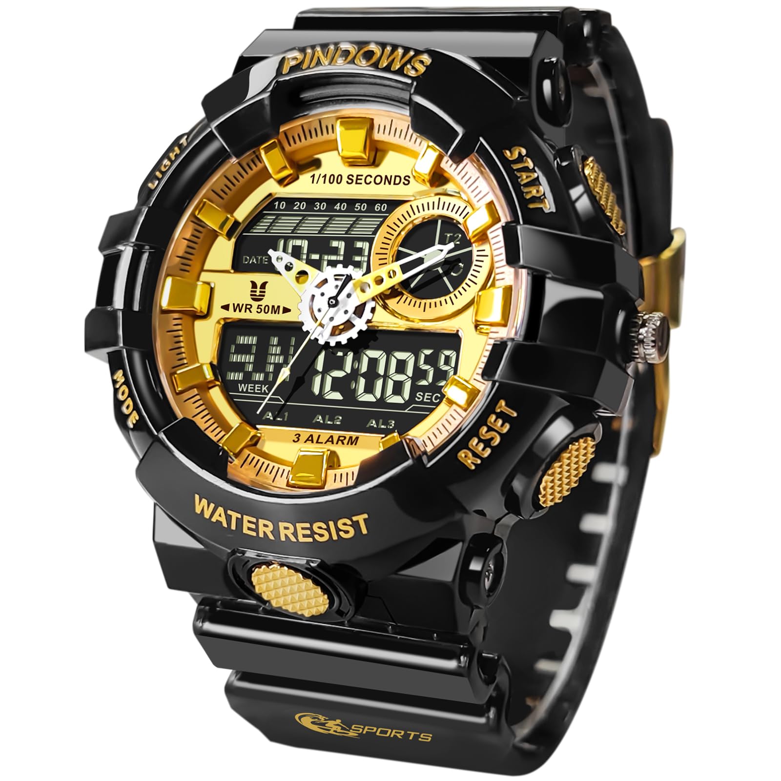 

PINDOWS Прозрачные Золотые Двойные 50м Водонепроницаемые Светодиодные Будильники и Идеальные для Ношения на Открытом Воздухе и Повседневного Ношения Мужские Часы, Аналогово-Цифровое Время, Устойчивые, Подсветка,