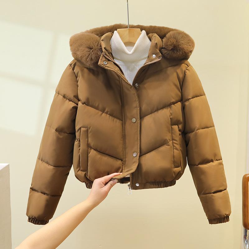 New Winter Cotton Coat for Women, Short, Fashionable, Large Fur Collar, Korean Style Loose Cotton Coat, Thickened Solid Color Hooded Jacket