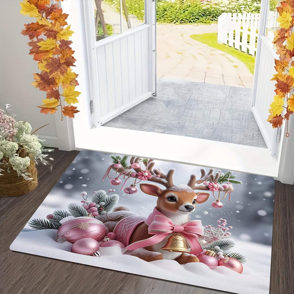 Christmas Pink Moose Cartoon Entryway Floor Mat Christmas Cute Decorative Carpet Holiday Atmosphere Decoration