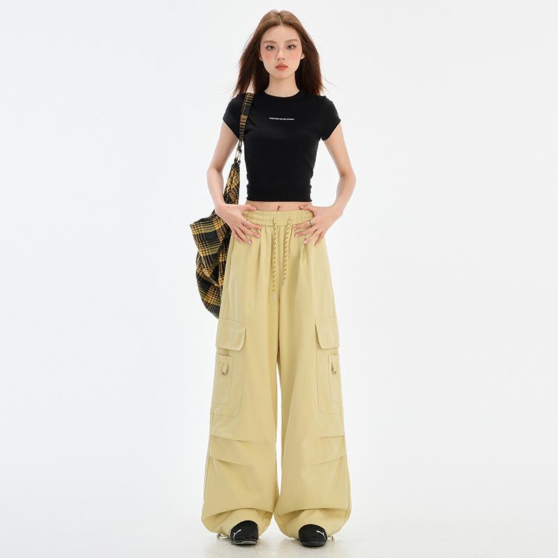 

Women s Spring 2025 High-Waisted Elastic Cargo Pants with Drawstring - Tapered and Versatile for Casual Wear Small жёлтый