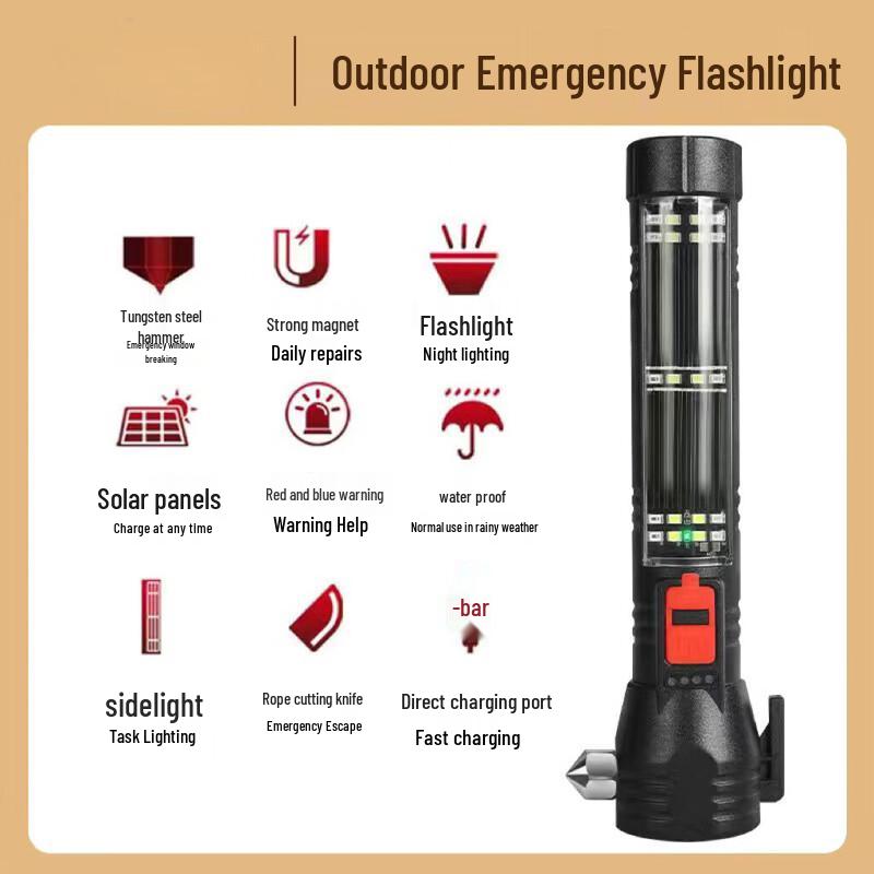 UOSU 705 Portable Solar Rechargeable Flashlight with Window Breaker