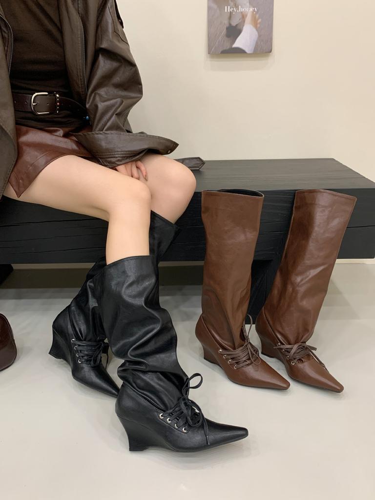 Vintage Western Pile Boots Women's 2025 Summer New Square Head Slope Heel Wide Tube Lace-up Folded Calf Boots