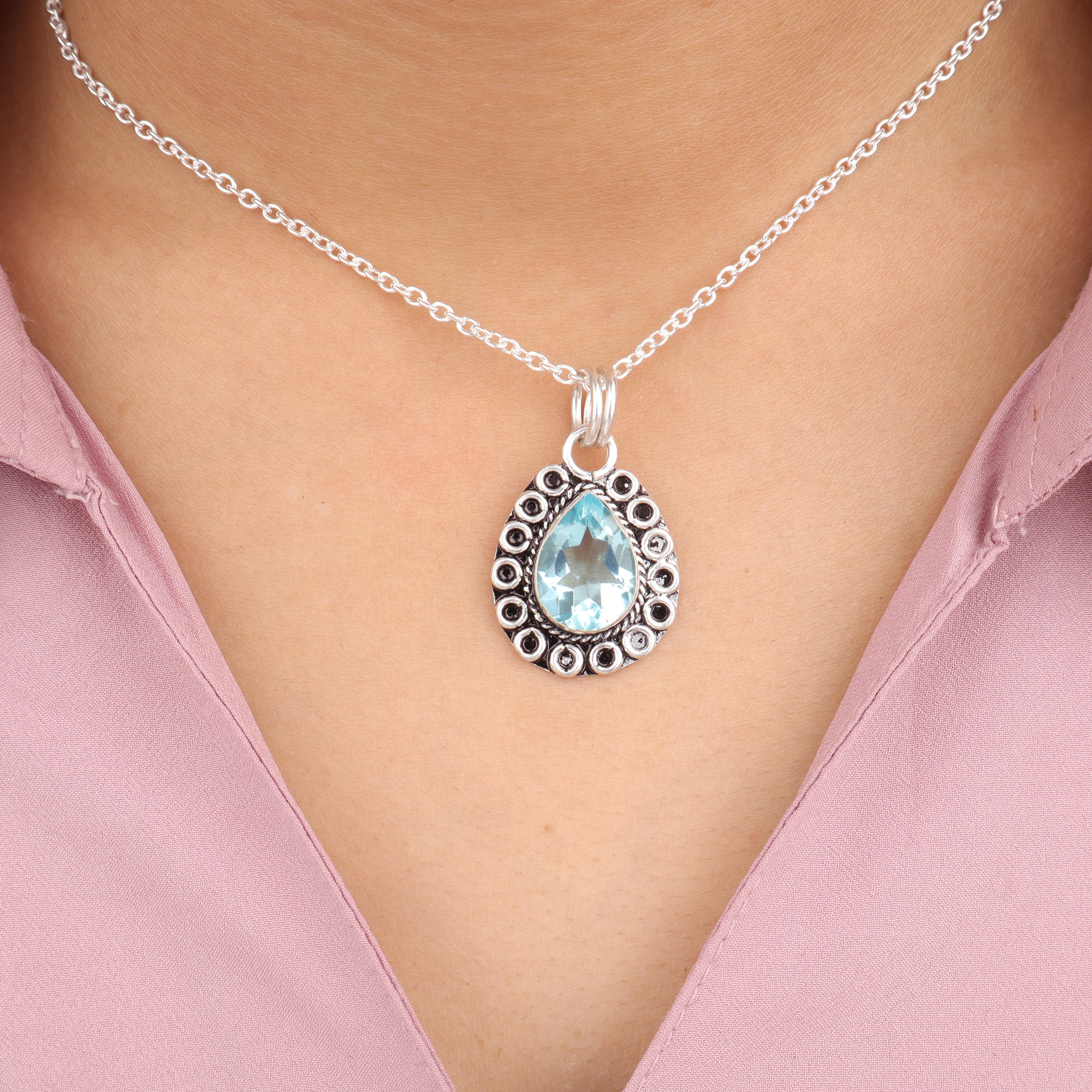 

Sky Blue Topaz Gemstone Silver Pendant, 925 Sterling Silver Handmade Women Jewelry, Blue Topaz Bohemian Pendant Gift For Wife PP-26-3