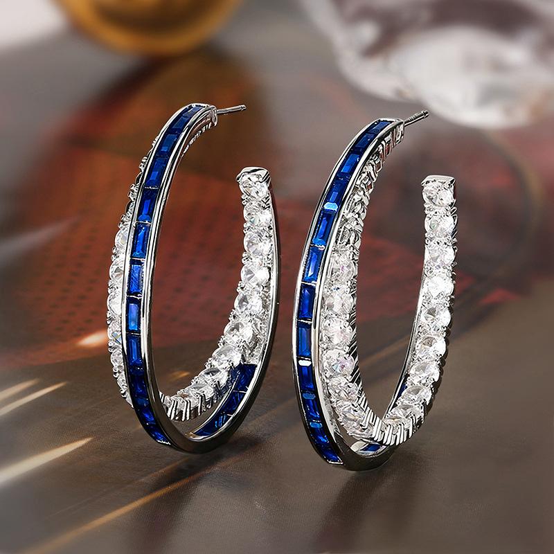 Open C Shape Hoop Earrings Baguette Cut Royal Blue Crystal & Round Clear Cubic Zirconia Silver Tone Piercing Ladies Banquet Accessories