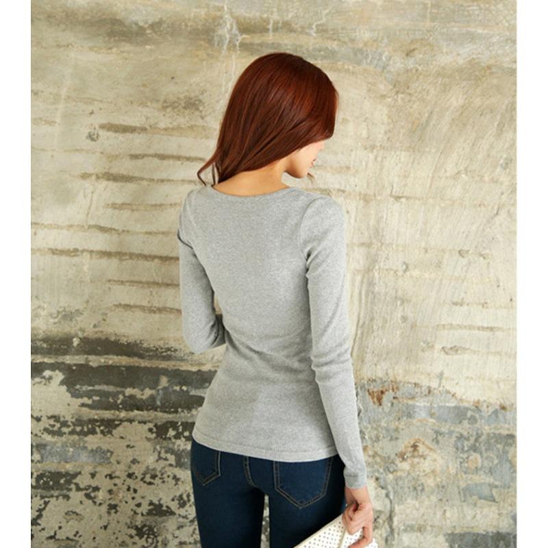 Threaded Solid Color Long Sleeved T-shirt Women's Top