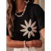 Summer Flower Embroidery Loose Women Blouse Round Neck Short Sleeved T-shirt Fashion Elegant Casual Tops Sweet Simple Office Black Shirts