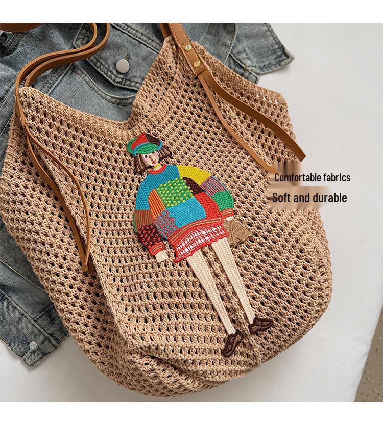 Damen geflochtene Stroh-Schultertasche - Nischenmarkt, Lässiger Stil, Hohlmuster für Urlaub oder Pendeln