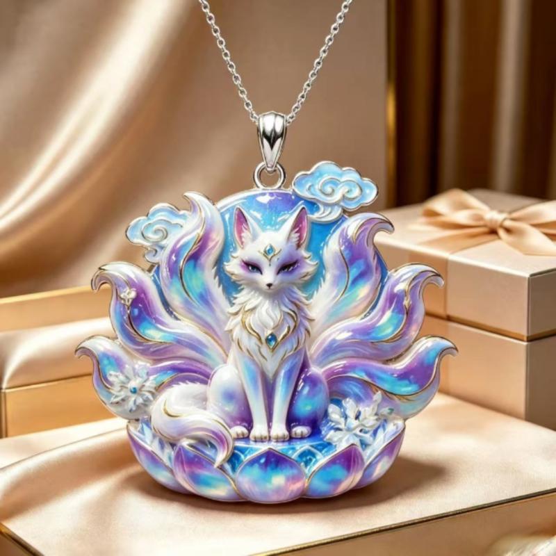 Nine Tailed Fox Enamel Pendant Necklace Unique Chinese Mythology Design 1PC Anti-rust Jewelry for Women Daily Collocation