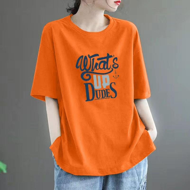 Cotton Short-sleeved T-shirt Women's Summer Loose Large Size All-match Western Casual Printed Top Trend