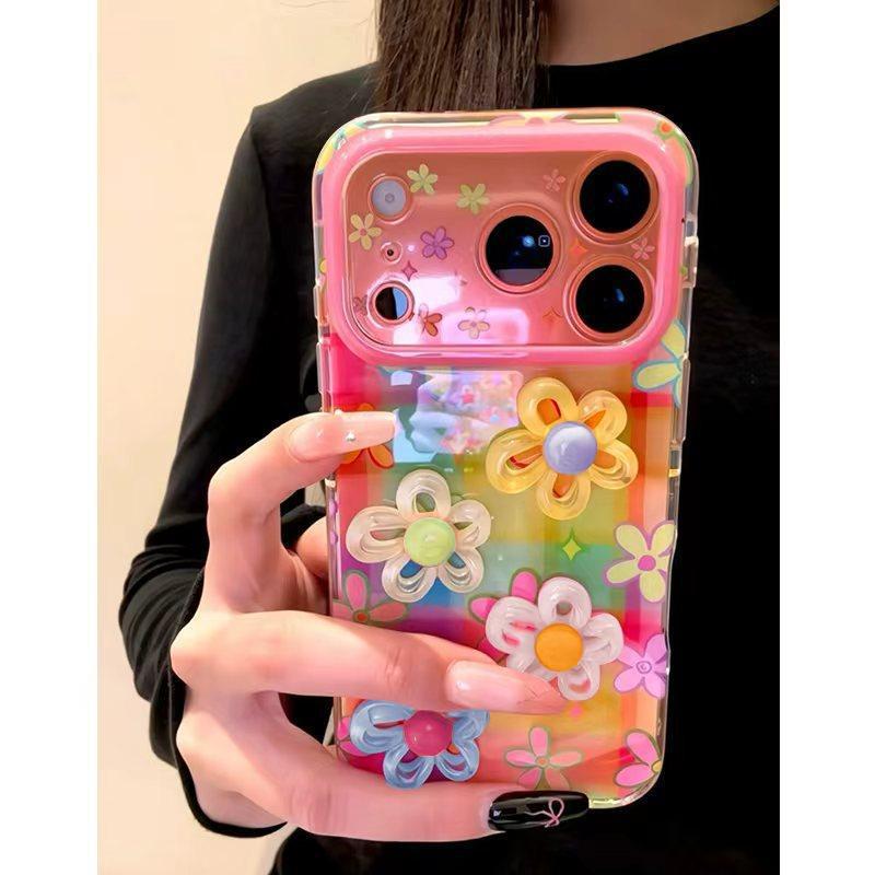 IMD Rainbow Three-dimensional Flower Mobile Phone Case, Suitable for iPhone17 Cartoon Bear Head Anti-drop Apple 16/14 Realm Case