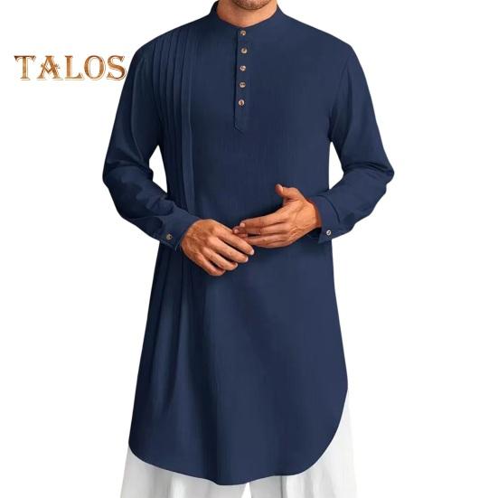 Men's Cotton Linen Kaftan Long Sleeve O-Neck Robe Solid Color Button-up Collar Thobe Breathable Arabic Clothing for Prayers Casual Wear